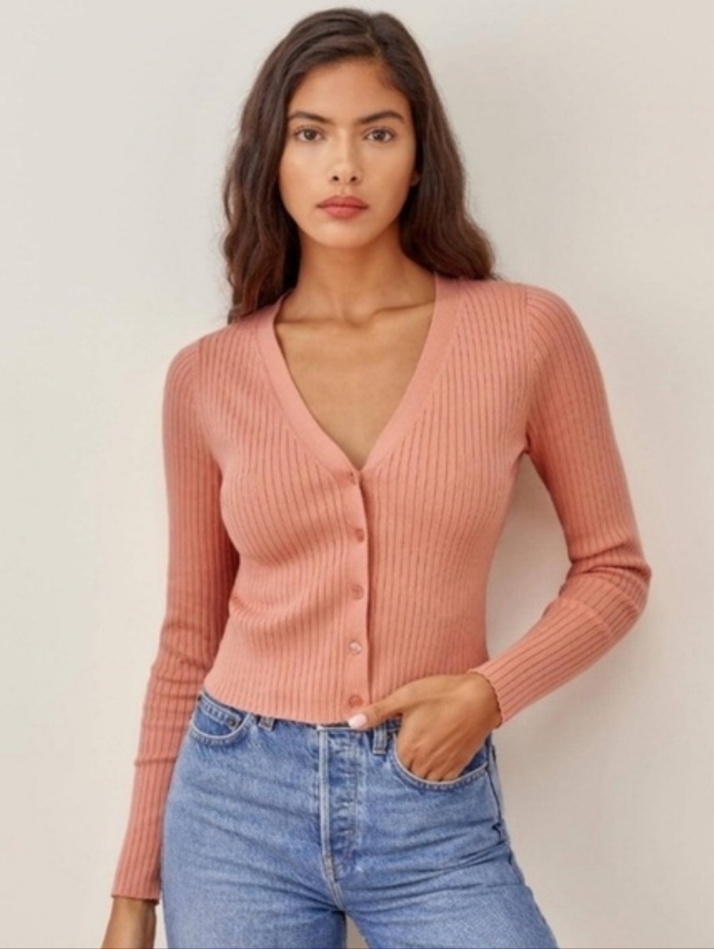 Reformation Gilda‎ Coral Ribbed Cotton V-Neck Button-Up Cardigan